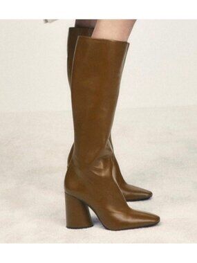 ZARA Camel Brown Leather Knee High Boots Block Heel Square Toe Women's EU 40US 9